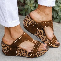 woman rhinestones decorated leopard print slippers outdoor high heel platform comfortable sandals summer fashion wedge sandals