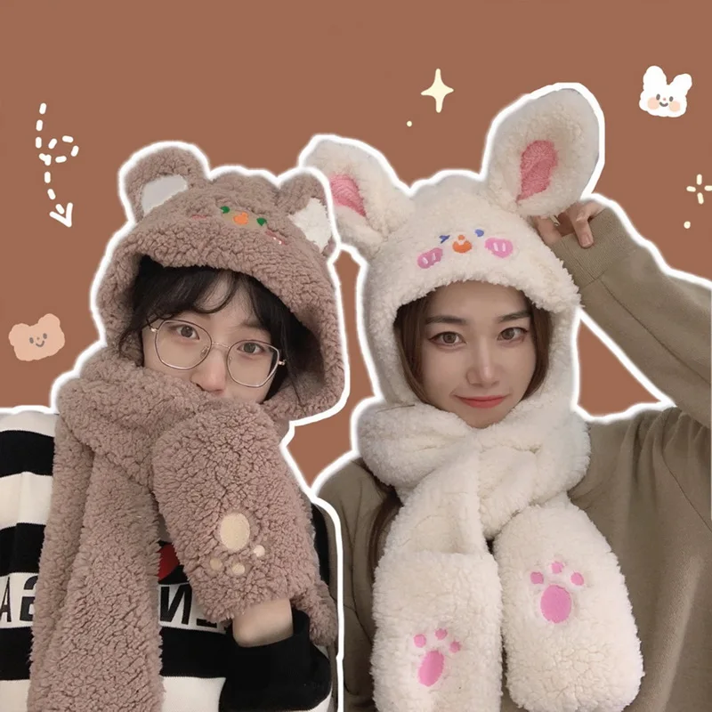 Autumn Winter Cute Rabbit/Bear Lamb Plush Caps Gloves Scarf Set Warm Thickened Ear Brown Hat For Women Girl New Year Gift