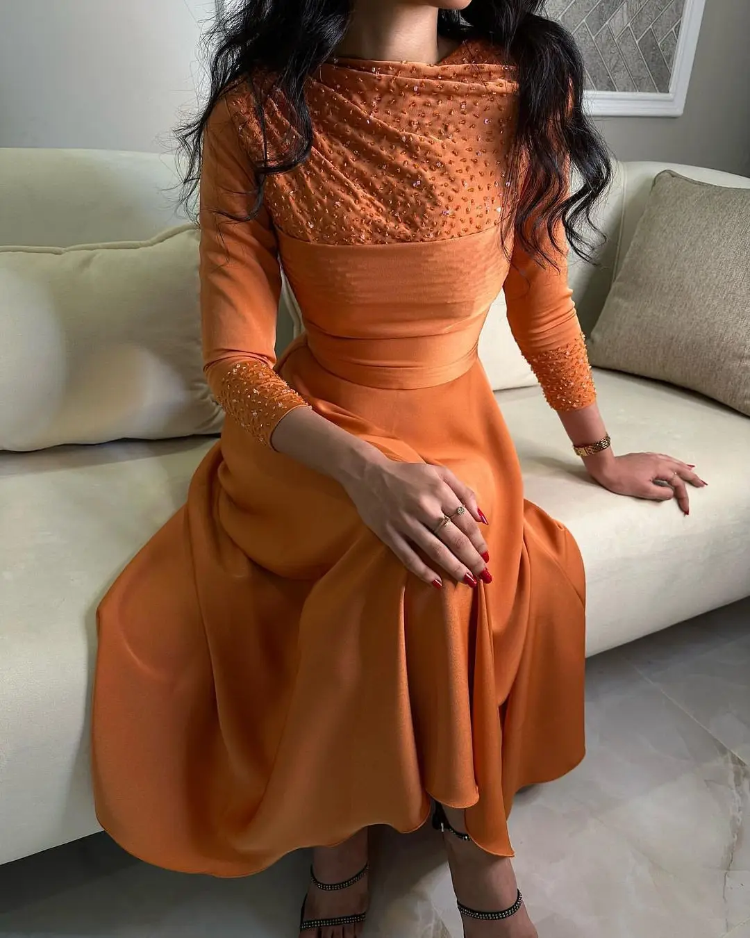 

Sayulita Beaded Three Quarters Prom Dresses for Saudi Arabia Women Wear A Line Special Banquet Zipper Back Evening Gowns