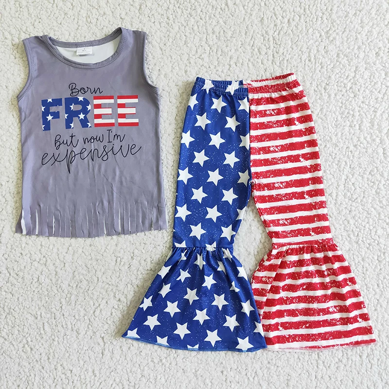 

July 4th Flag Star Stripe Stitching Bell Bottom Pants For Baby Girl Fringed Tank Sleeveless Top T-shirt Fashion 2-piece Set