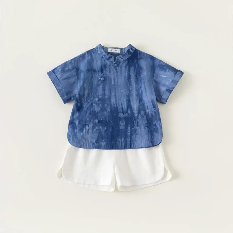 Хлопковый синий костюм Тан в китайском стиле топ с коротким рукавом и шорты