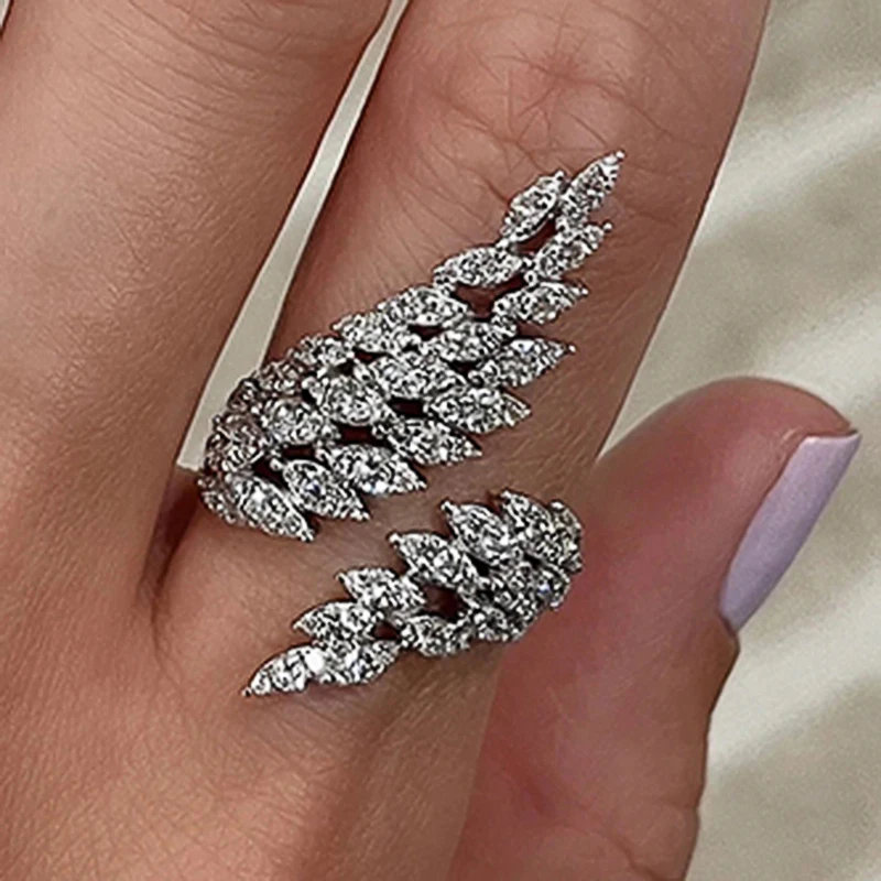 Huitan Newly-designed Feather Wing Shaped Opening Rings for Women Silver Color Full Dazzling Cubic Zirconia Fashion Female Rings