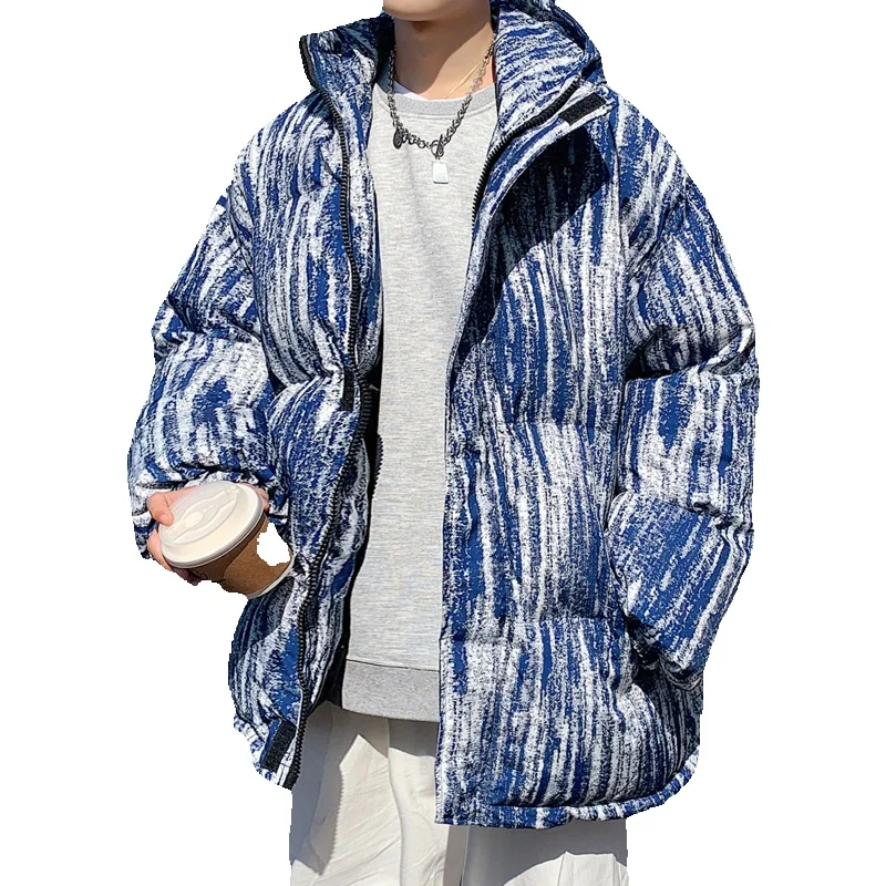 Winter Jacket Men Warm Fashion Retro Striped Thickening Jacket Men Streetwear Loose Short Coat Mens Parker Large Size M-5XL