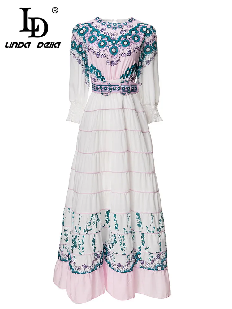 

LD LINDA DELL Summer Fashion Designer Vintage White Dress for Women Crew Neck Point Print party Dress