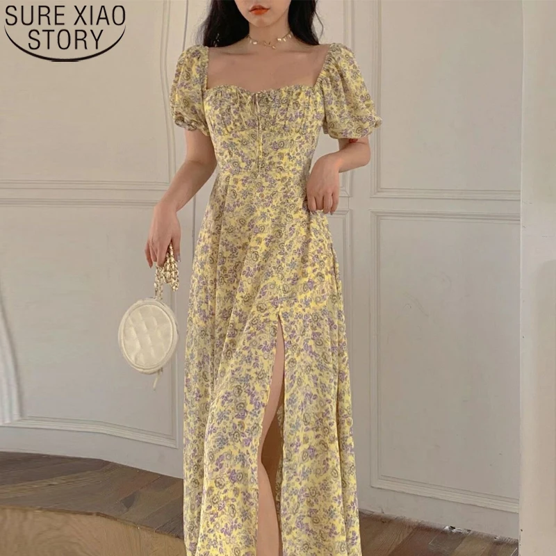 

Женское длинное шифоновое платье с коротким рукавом и цветочным принтом