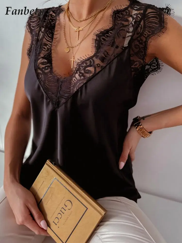 

Женская элегантная кружевная блузка с вышивкой в стиле пэчворк, рубашки 2022, летний сексуальный пуловер без рукавов, топы, женская модная блу...