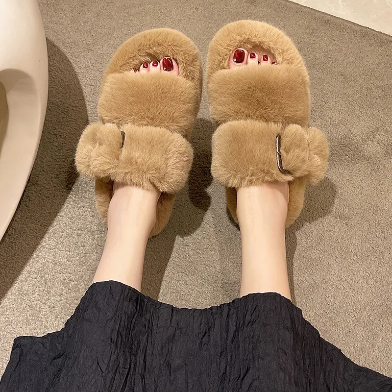 

Shoes Plush Slippers For Adults Slipers Women Platform Slides Flock Med Fashion Fur Flat 2022 Massage Luxury Fabric Rome