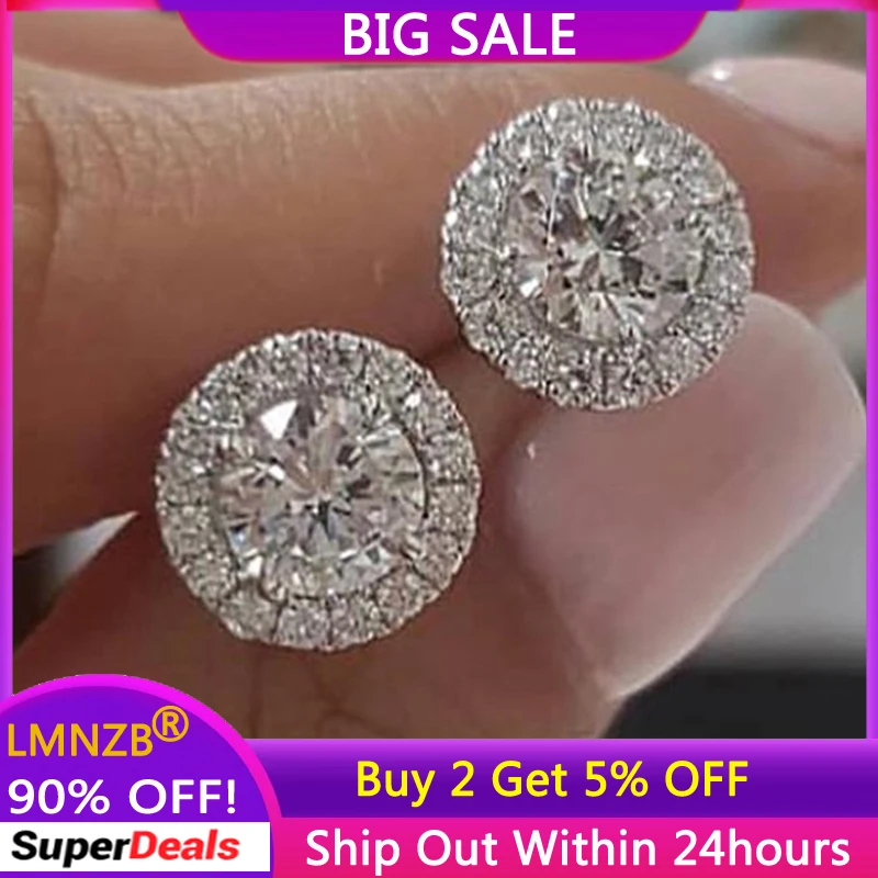 

LMNZB Luxury Crystal Round Stud Earrings Tibetan Silver 925 silver needle Jewelry White Zircon CZ Earrings For Women Wedding
