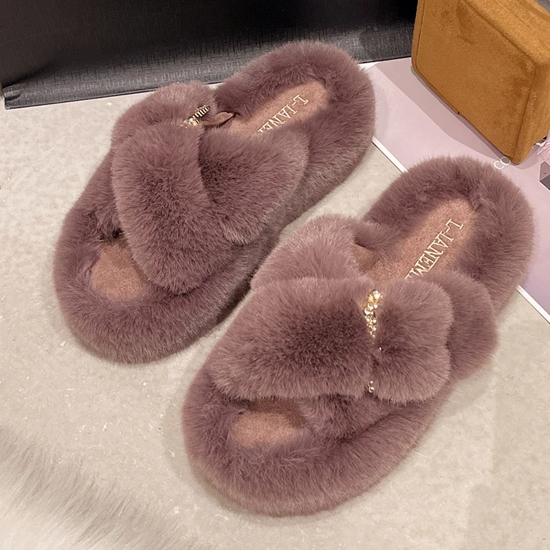 

Winter Fur Slippers Women 2022 New Platform Warm Home Slippers Plush Fluffy Fuzzy Indoor House Slippers Flip Flops Size 35-42