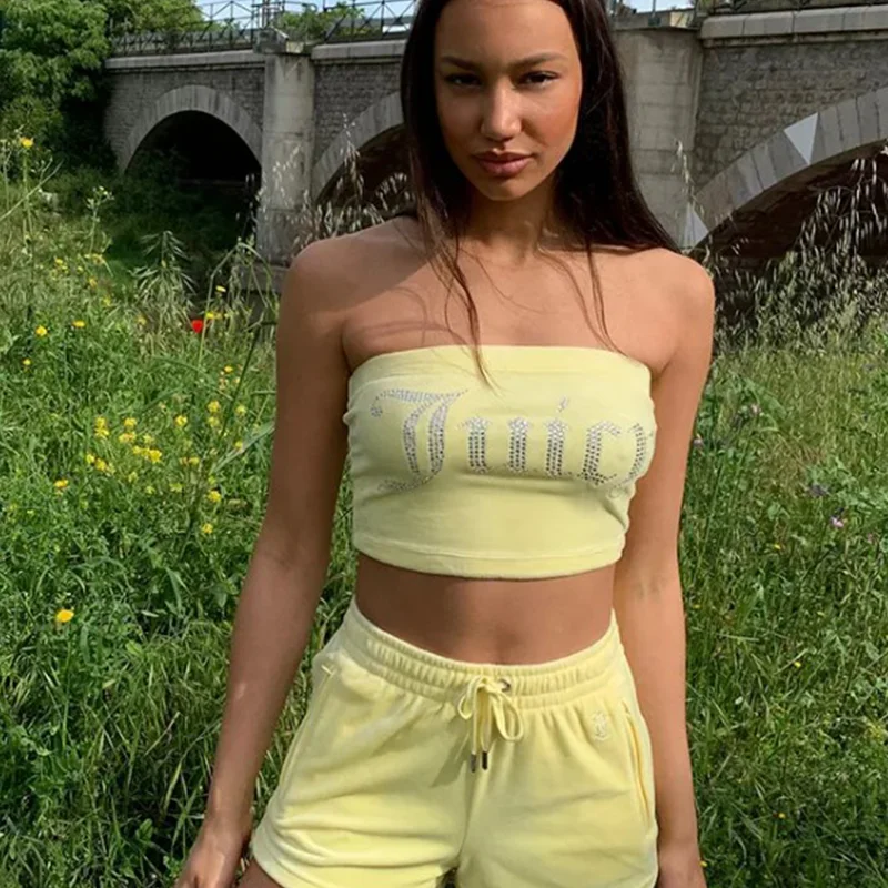 

Juicy Apple Velvet 2 Pieces Sexy Fashion Tube Crop Top Casual Drawstring Shorts Set Loose Women Summer Clothes Tracksuit