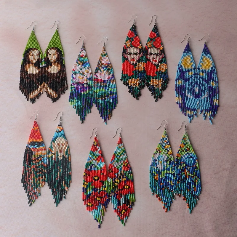 Серьги из рисовых бусин с кисточками человеческое лицо богемный цветок ручное