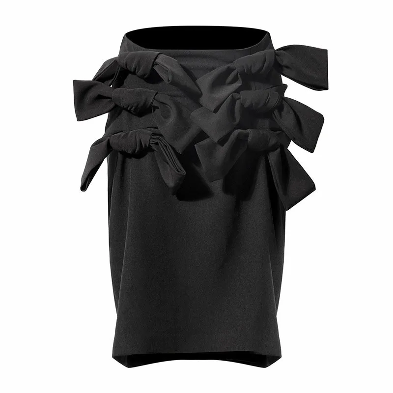 

Women High Waist Black Midi Skirts Y2k Female New 2023 Mall Goth Skirt OL Bottoms Fashion Gothic Bodycon Patchwork Bowknot Skirt