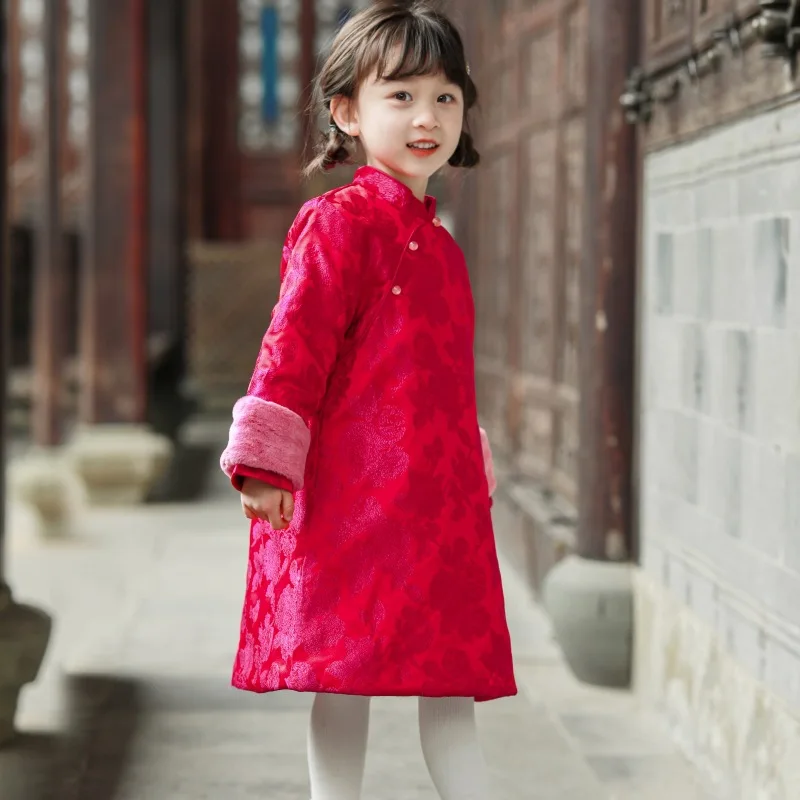 

Children Winter Qipao Thickened Warm Cheongsam Skirt Ancient Style Rose Peony Girl New Year Kids Chinese Traditional Costume