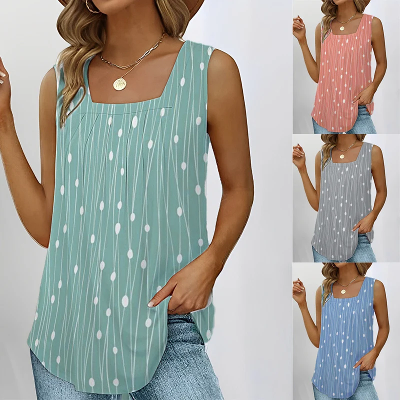 Women Summer Sleeveless Vest Polka Dot Print Blouse Square Neck Tees Shoulder Strap Tops T-Shirt Loose Beach Fashion M-5XL