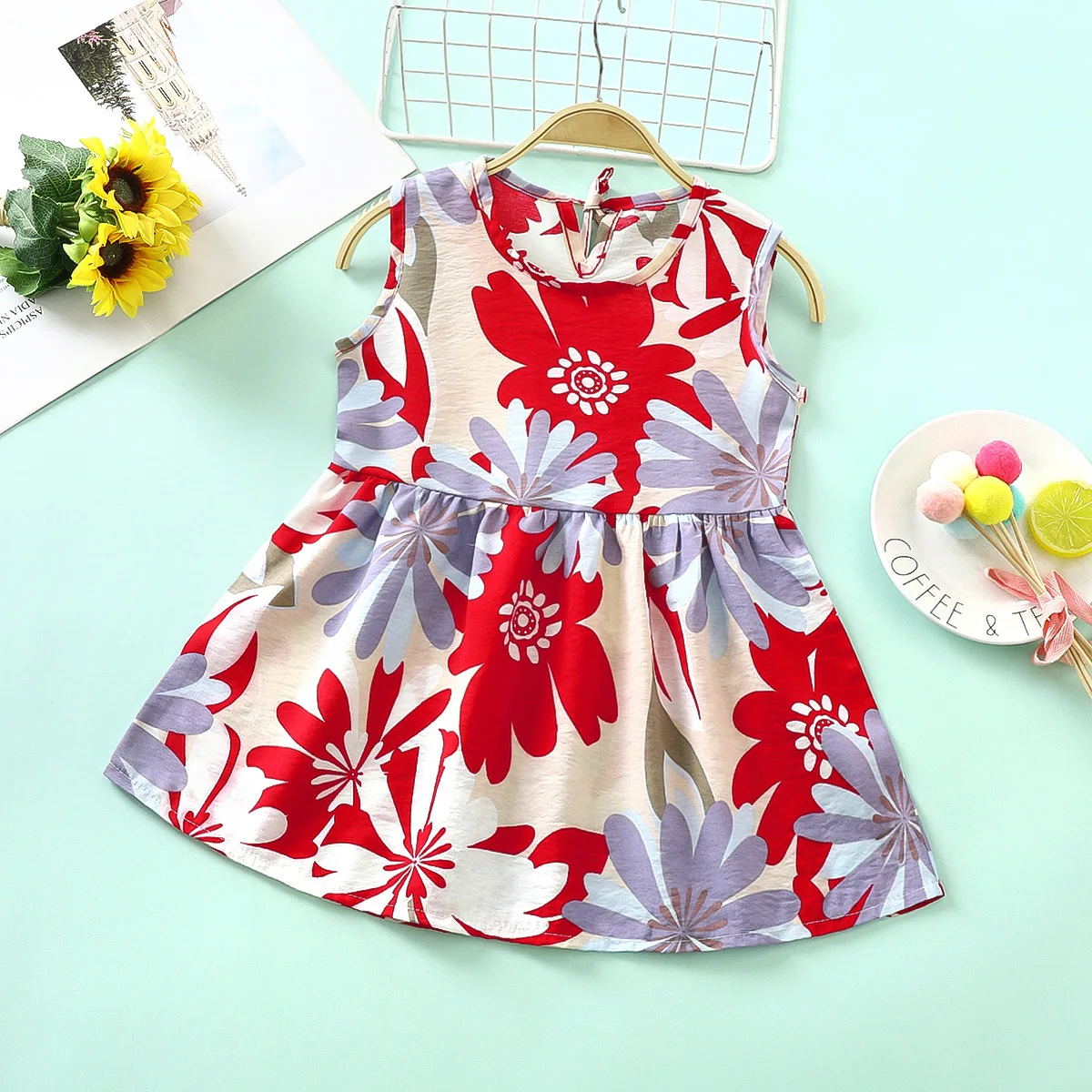 

New Arrival Summer Baby Girls Sleeveless Printed Cotton Linen Floral Cartoon Broken Flower Dress Childrens Clothing Kids Dress