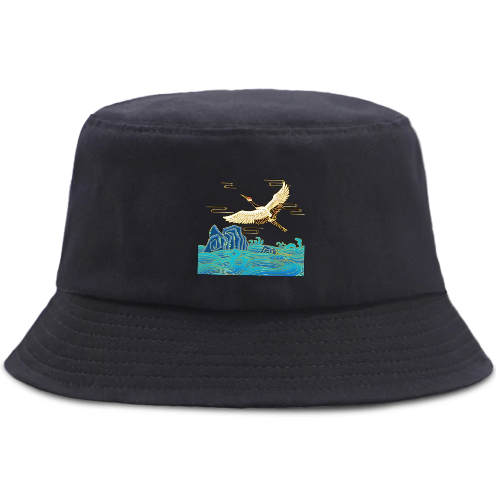 

Панама в стиле Харадзюку для женщин, складная шапка с изображением гор и рек, журавлей, рыболовная Кепка, солнцезащитный козырек в стиле унисекс