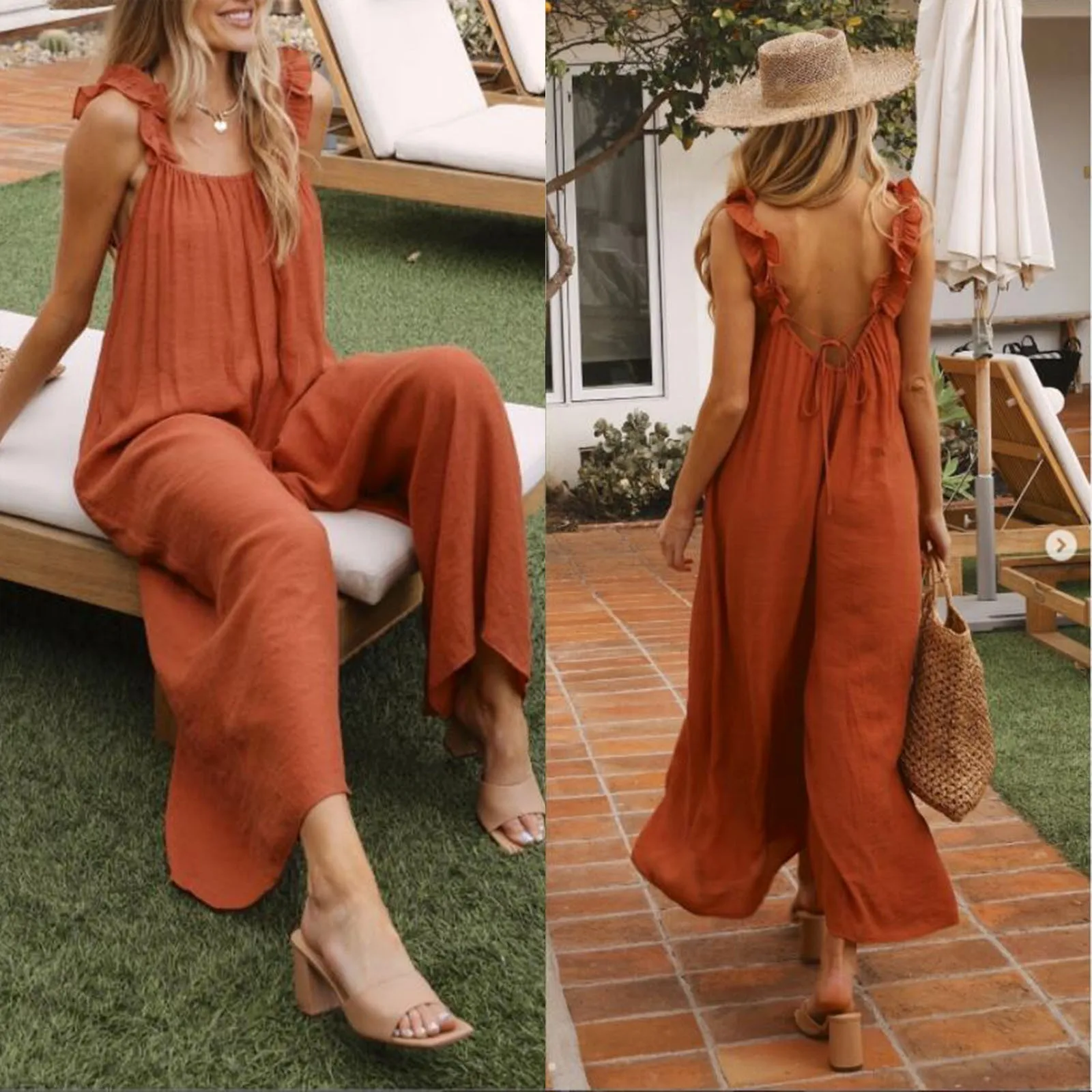 

Bib Jumpsuit Ruffle Spaghetti Backless Womens Solid Oversize Overalls Rompers Strap Sexy Baggy Holiday Loose Beachwear Jumpsuits