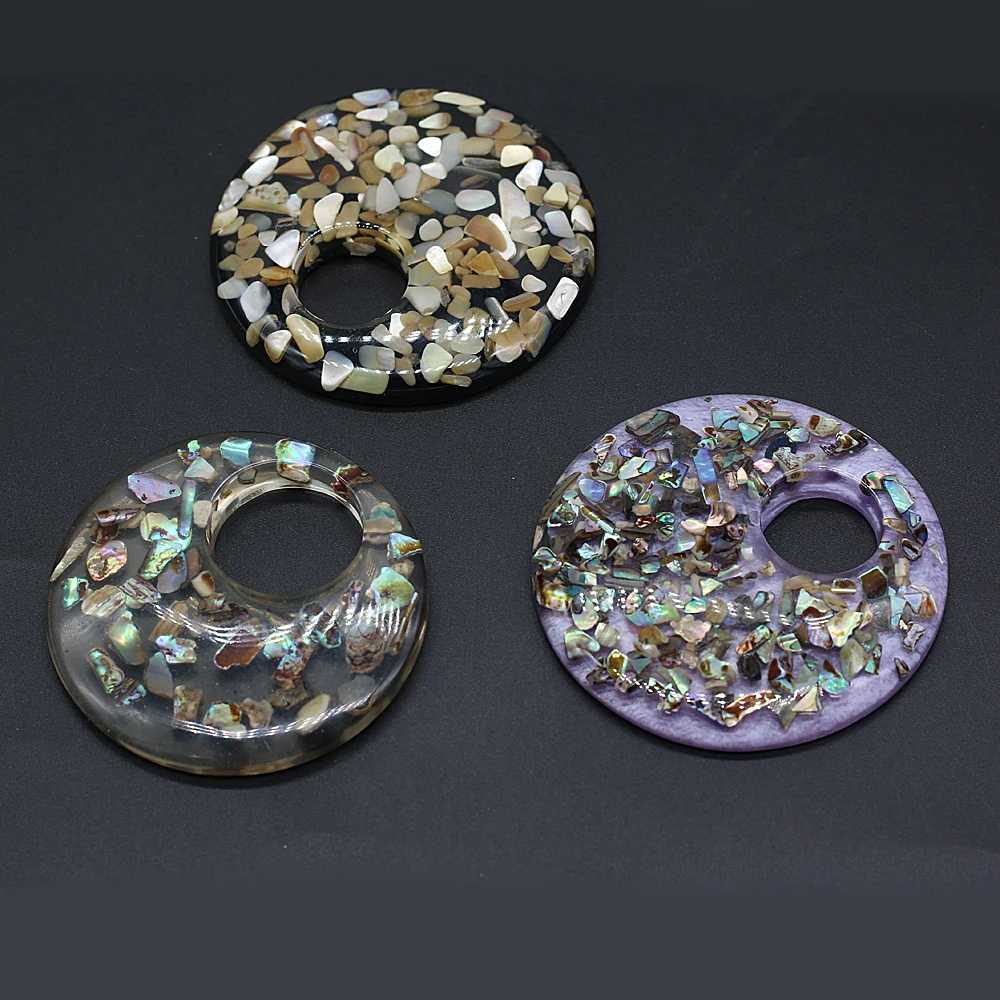 

Natural Shell Gravel Plus Resin Round With Holes Pendant For Jewelry MakingDIY Necklace Earrings Accessories Charms Gift 68x68mm