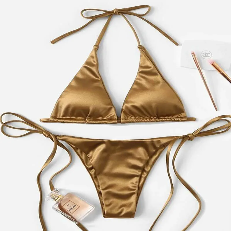 

Sexy Women's Metallic Halter Top Two Piece Swimsuit Tie Side Triangle Bikini Summer Solid Bathing Suit Beachwear Bikini Set