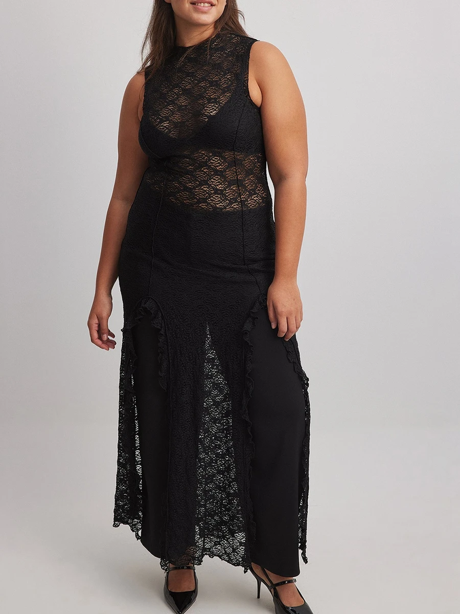 

Женское прозрачное кружевное платье с цветочным рисунком, кружевное Макси-платье с глубоким V-образным вырезом и оборками, длинное прозрачное платье без рукавов с высоким разрезом на бретельках