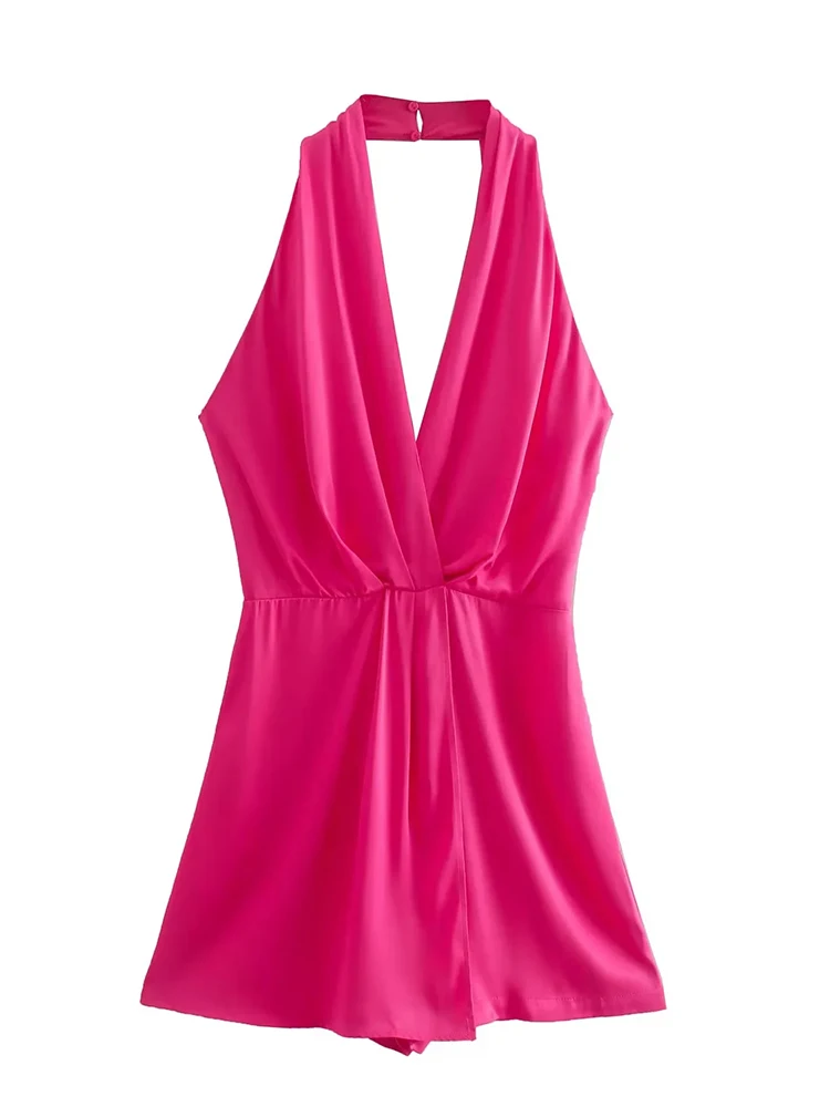 

xikom Women Fashion With Gathered Satin Halter Playsuits Vintage Backless Zipper With Thin Straps Female Jumpsuits Mujer