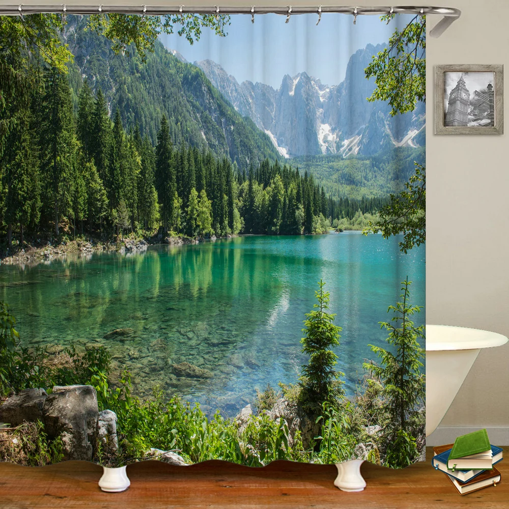 

Занавеска для душа с изображением леса, природного пейзажа, зеленых растений, деревьев, 3D-печать, занавески для ванной комнаты, водонепроницаемая фотография