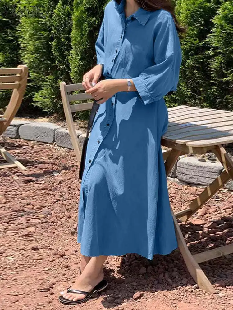 

ZANZEA Summer Fashion Women Lapel Neck Half Sleeve Sundress Elegant Buttons Solid Long Shirt Dress Elastic Waist Midi Vestido