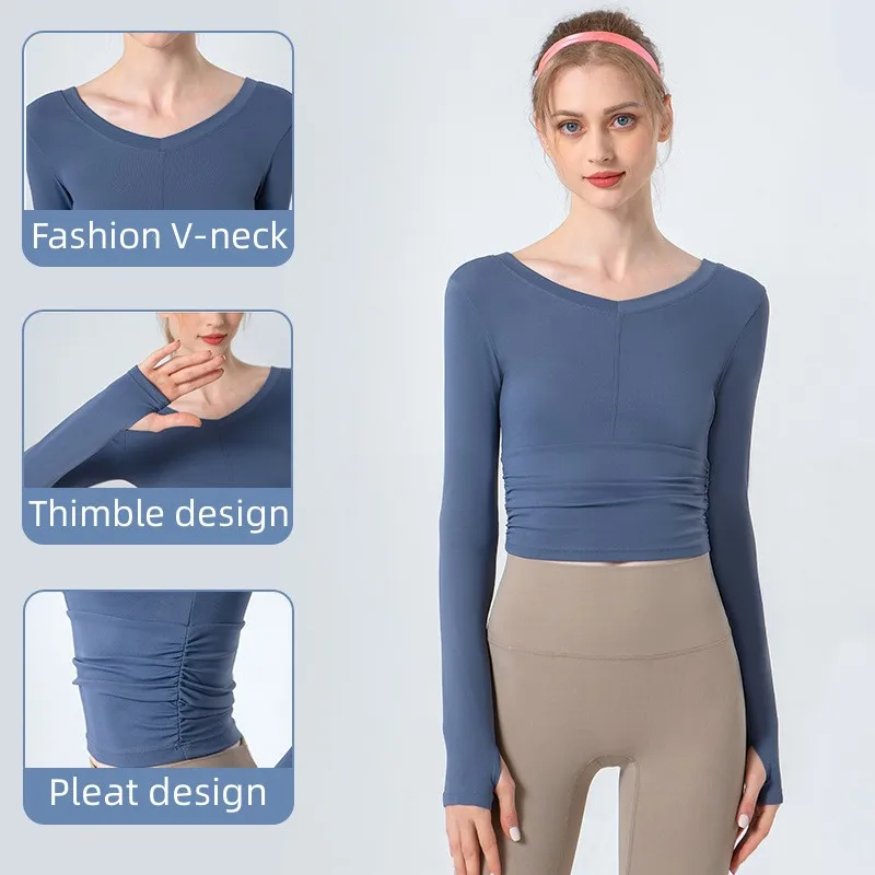 

Spring and Summer New Yoga Suit Long Sleeve Women's V-Neck Pleated Tight Slim Show Umbilical Top Quick Dry Breathable Fitness Su