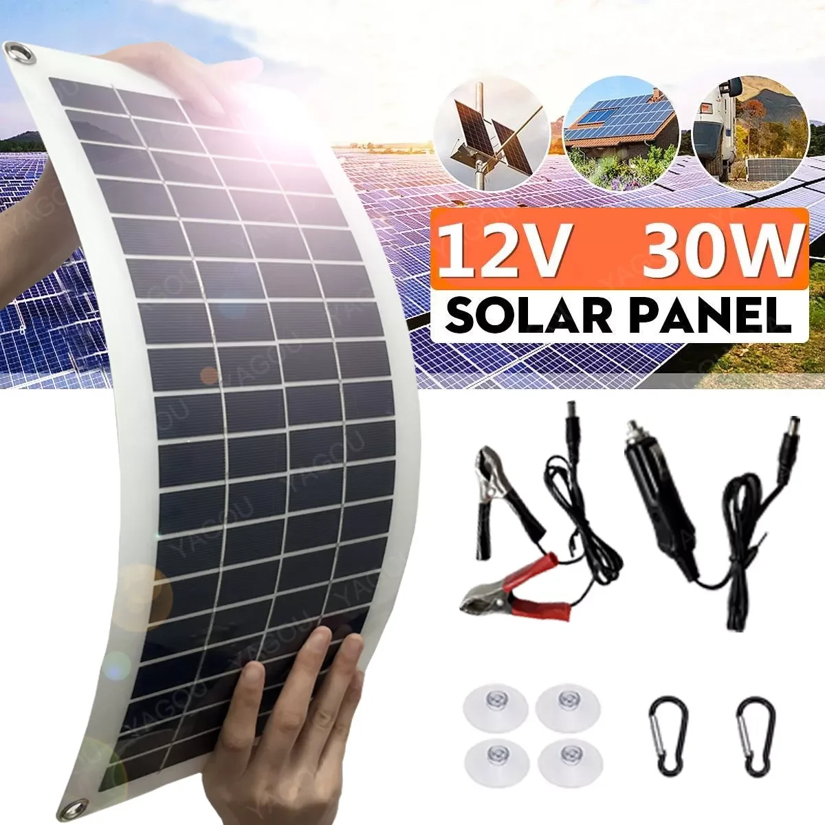 

30W Solar Panel Complete Kit 12V USB Charging Solar Cell Power Portable Outdoor Polysilicon Camp Hiking Travel Phone RV Car MP3
