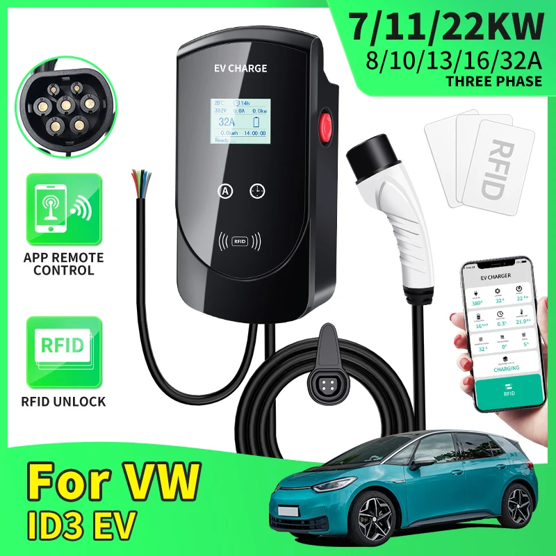 

For Volkswagen VW ID3 EV 2006 2010 2013-2022 16A 32A 1 3 Phase 80V 7KW 11KW 22KW With EV Car Type2 Type1 Charger charging cable