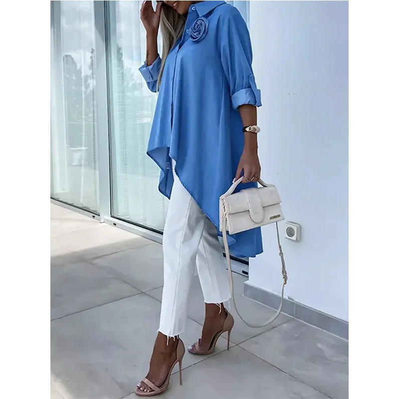 Однотонные блузки и рубашки Tinaa с коротким рукавом высоким воротником карманами