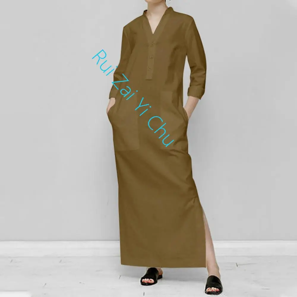 

2023 Women's Solid Color Cotton Linen Retro Pleated Large Swing Loose Casual Long Dress Elegant Dresses Robe Dresses for Women