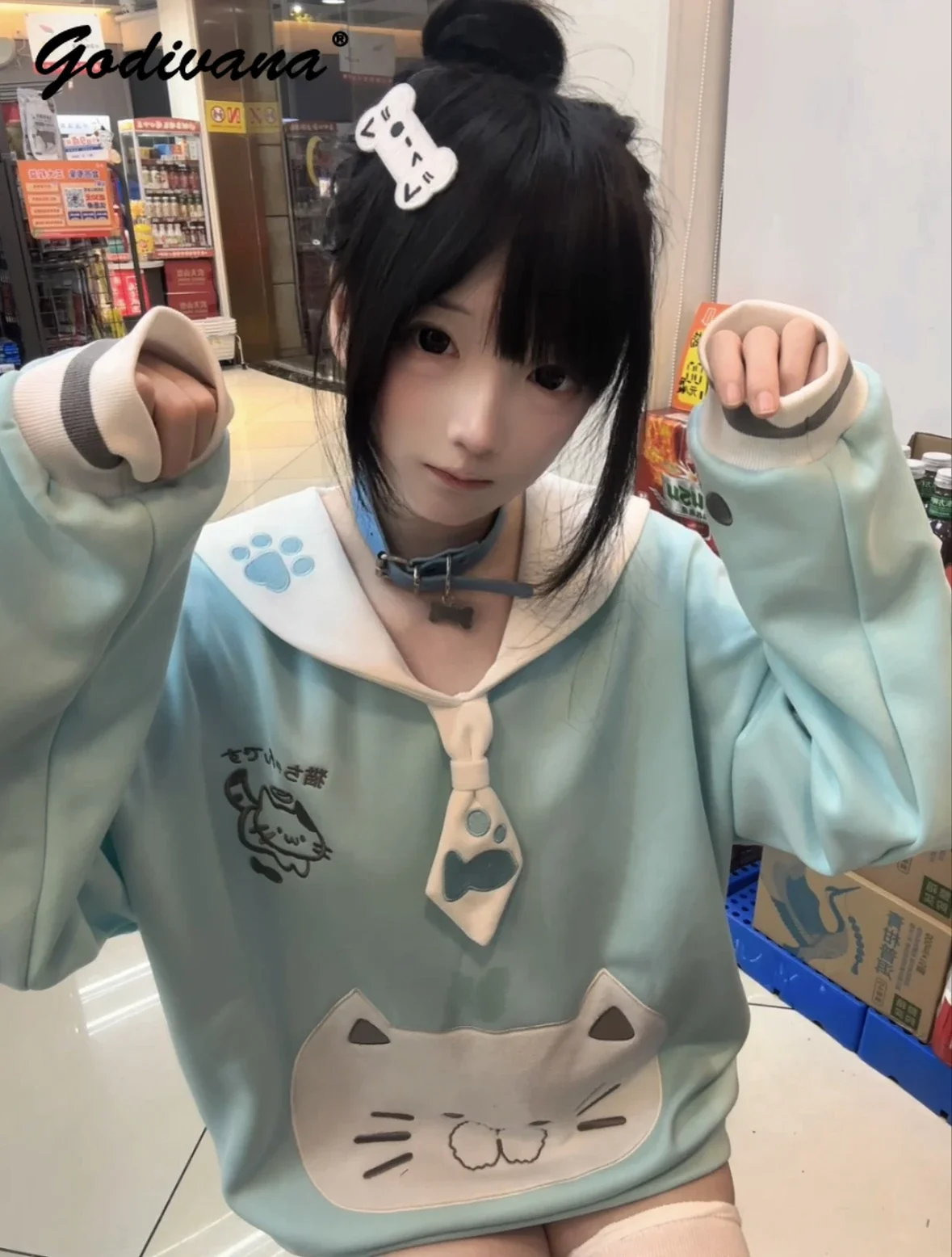 Kawaii матросский воротник для девочек кошачьи уши вышитый галстук толстовка с