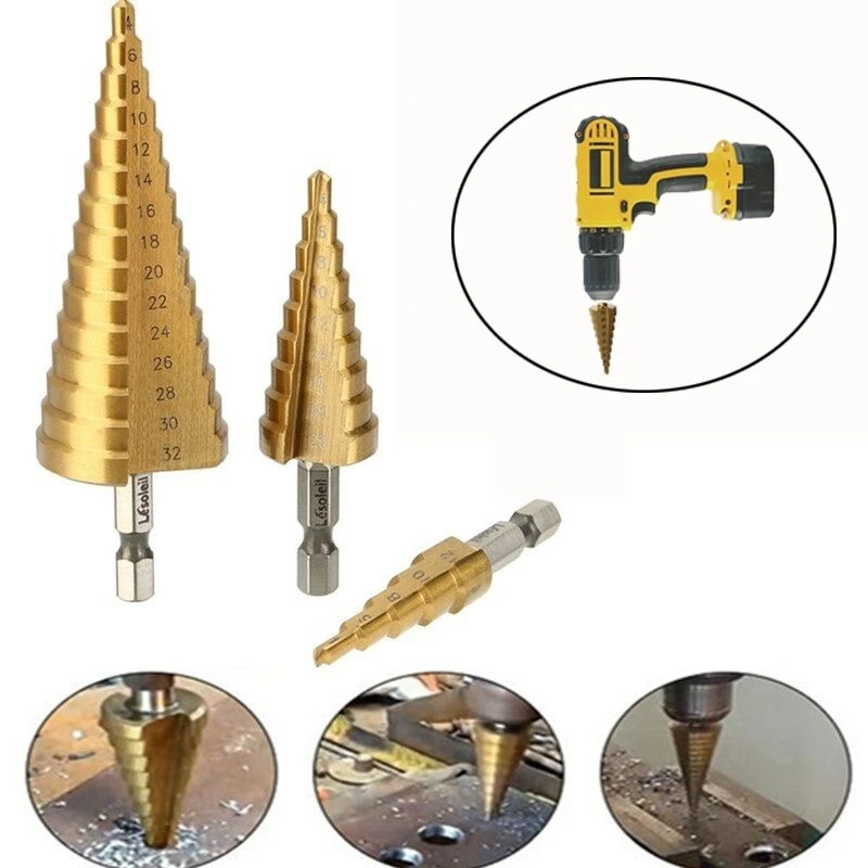

4-12/4-20/4-32MM HSS Titanium Coated Step Drill Bit High Speed Steel Wood Hole Cutter Cone Drilling Power Woodworking Tools
