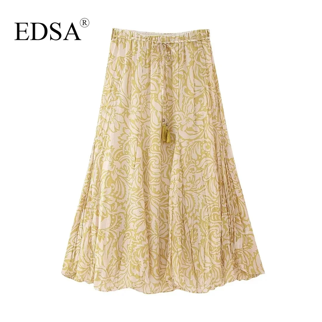 

EDSA Women Elegant Printed Midi Skirt 2023 Summer High Waist Wrinkled-effect Long Skirts Elasticated Waistband Thin Belt