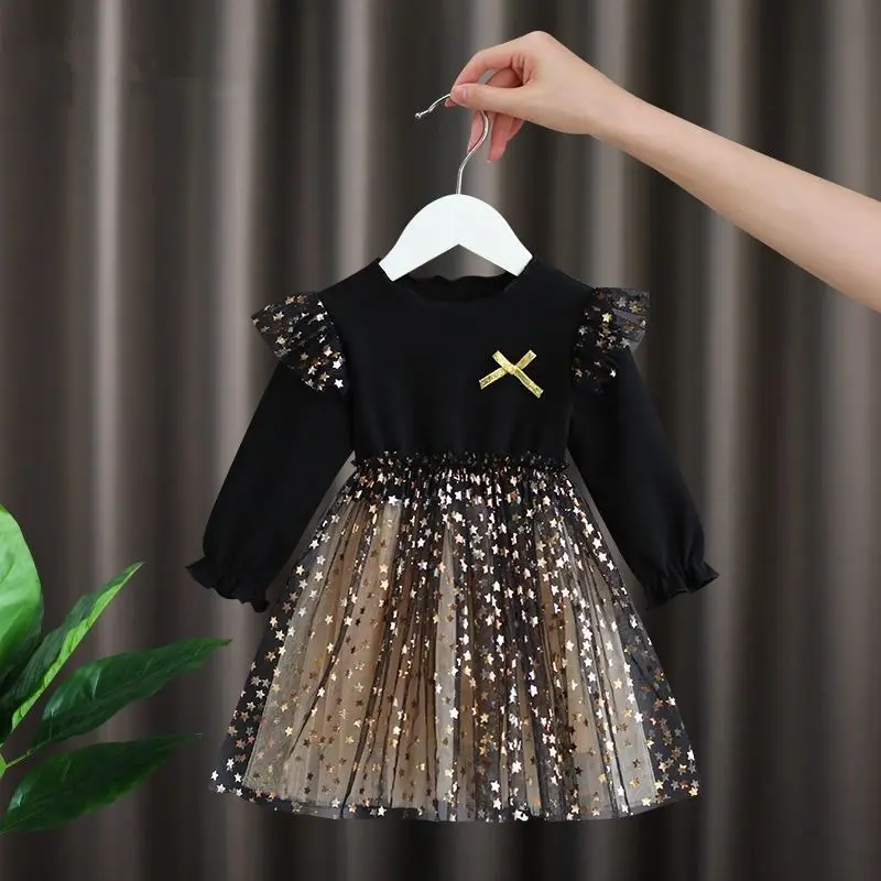 

Baby Girl Dress Summer New Design Daughter Clothes Black Sequin Gauze Skirt Knitted Long Sleeve For Party Princess Style