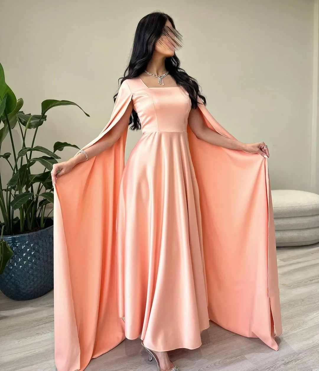

VD Simple Long A Line Prom Dresses Flutter Sleeves Square Neck Birthday Party Graduation Gown Zipper Back for Wedding Guests