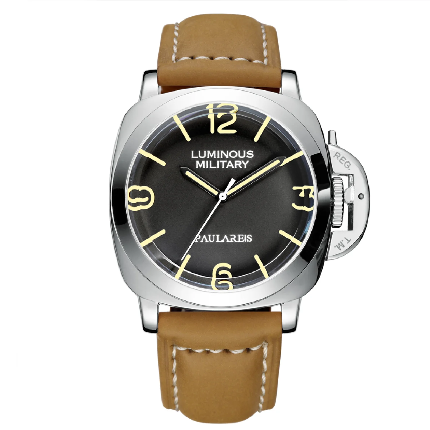 Automatic Self Wind Mechanical Genuine Brown Leather Strap Yellow Green Luminous 44mm Luxury Rose Gold Military Men Watch