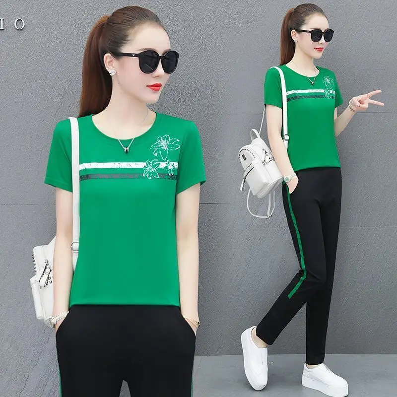 

214#Summer2022New Short Sleeve Fashion Sportswear Suit Women's plus Size Korean Style Loose Casual Two-Piece Suit