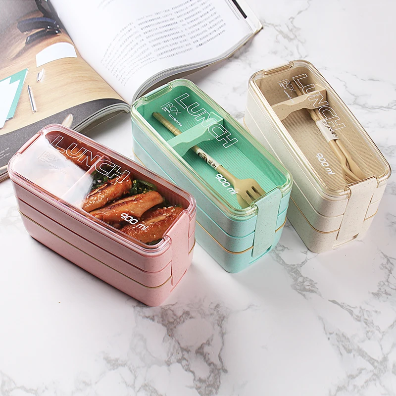 

Healthy Food Box Layer Material 900ml Container Straw Storage Wheat 3 Bento Boxes Lunch Microwave Lunchbox Dinnerware