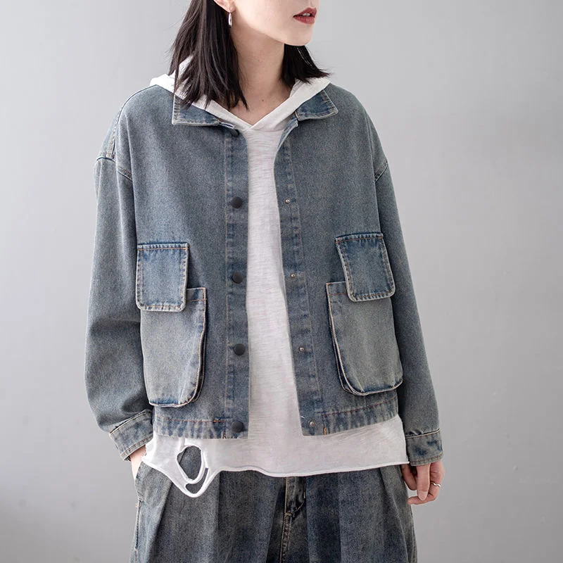 Куртка женская джинсовая короткая с большими карманами винтажная стирка модная