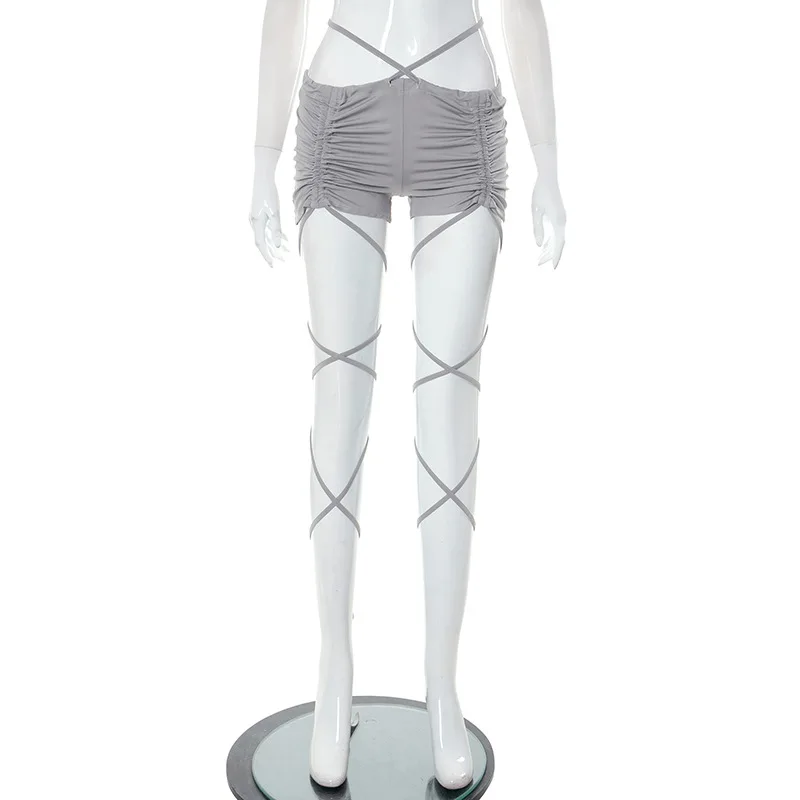 Goth Dark Cyber Gothic Bandage Sexy Women Shorts Y2k Punk Drawstring Ruched Low Waist Bottoms Streetwear Skinny Festival Outfits