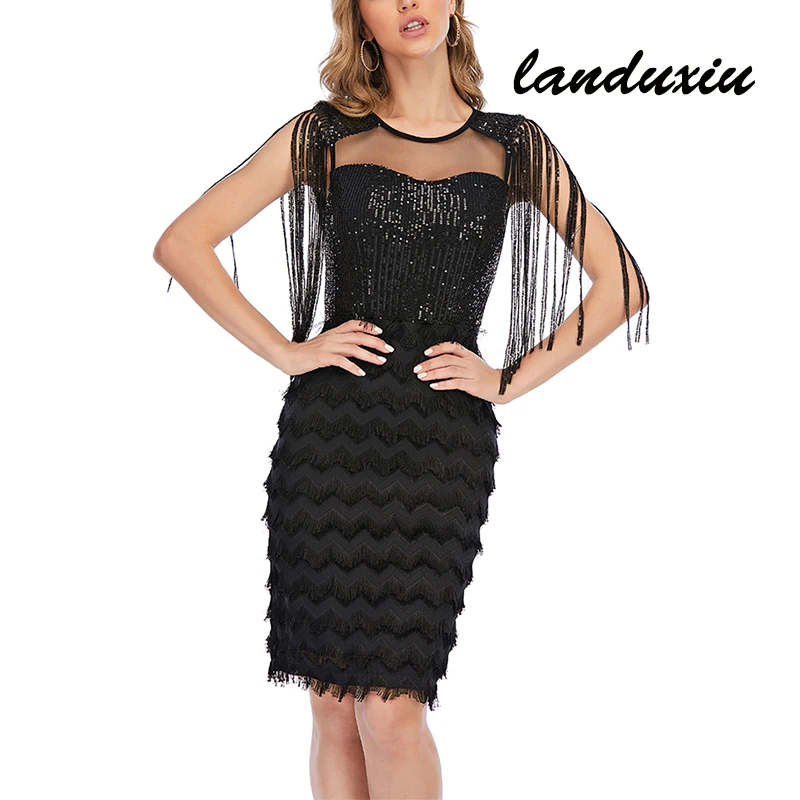 

Woman Sexy Vintage Tassel Sequin Casual Elegant Club Party Dresses Night Glitter Bodycon Dress Vestidos landuxiu