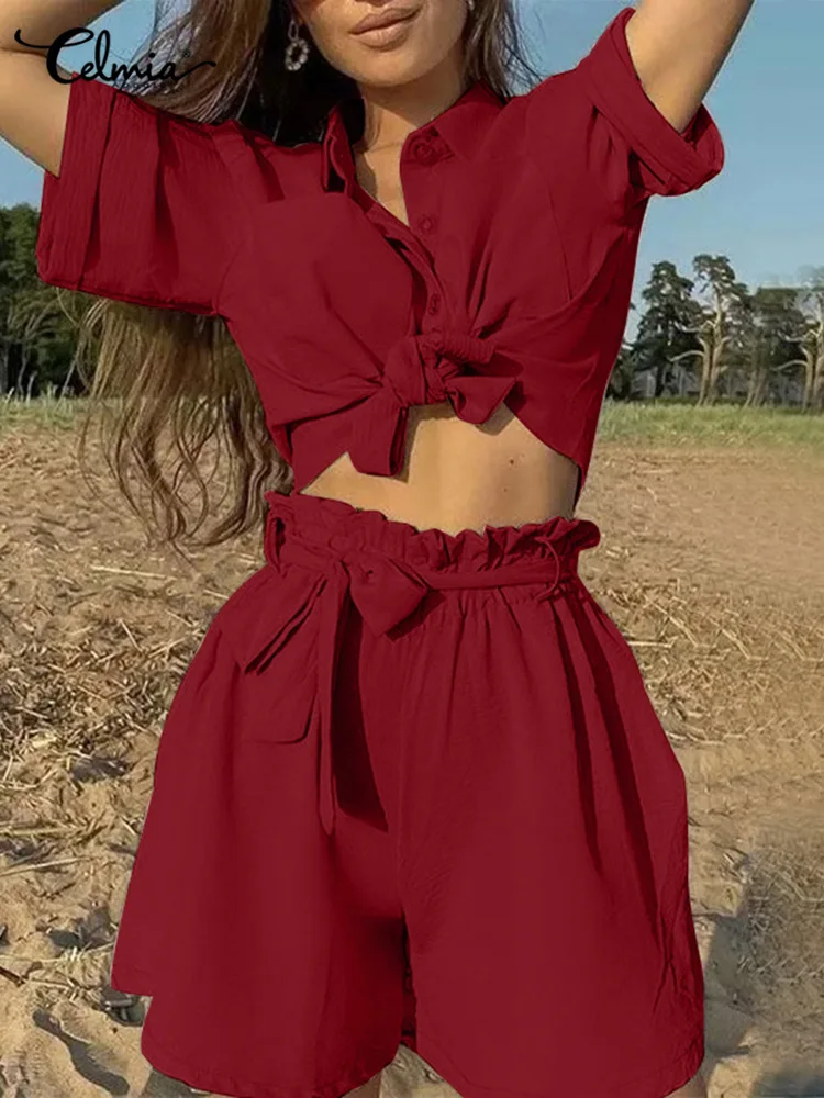 

2022 Summer Women 2 PCS Short Sets Celmia Lapel Pocket Short Tops and Belted Elastic Waist Shorts Suits Casual Loose Holiday Set