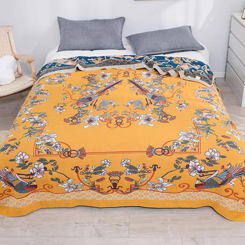 

New cotton gauze blanket for beds birds and flowers double bedspread soft blanket nap summer cool quilt sofa towel boho sheet