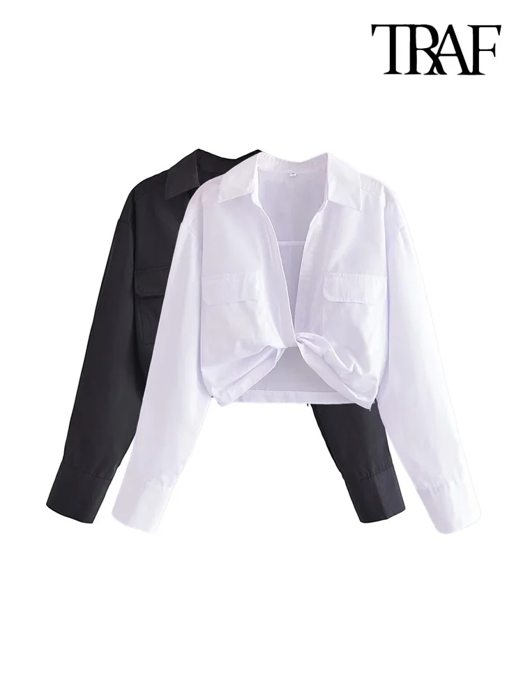 

TRAF Women Fashion With Knotted Front Pockets Poplin Crop Blouses Vintage Long Sleeve Side Zipper Female Shirts Chic Tops