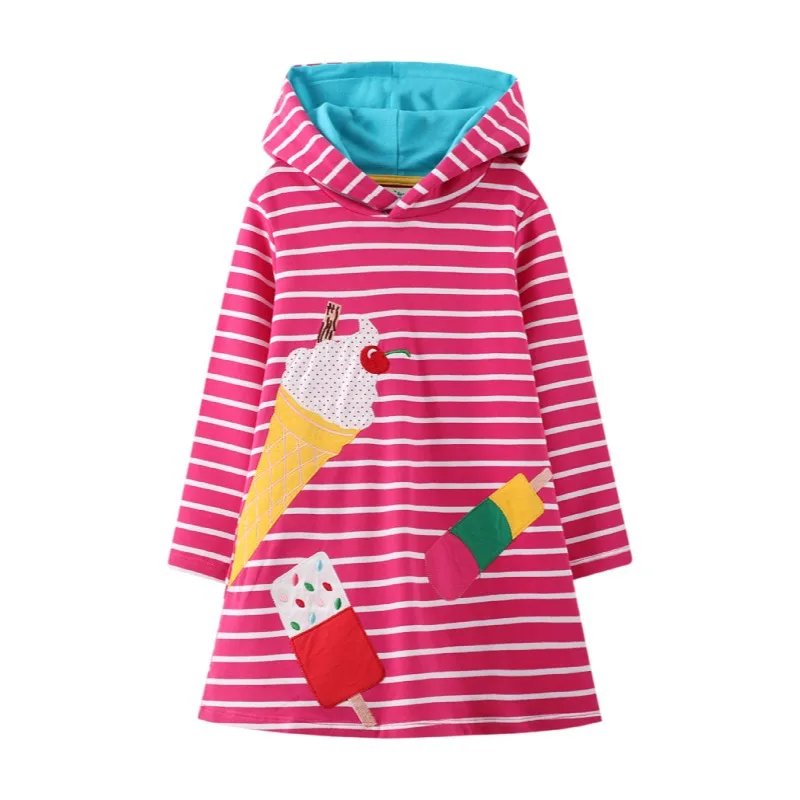 

Icecream Appliques Hoody Dress for Baby Girl New Arrival Autumn Spring Baby Cotton Stripes Long Sleeve Girls Dress With Hat