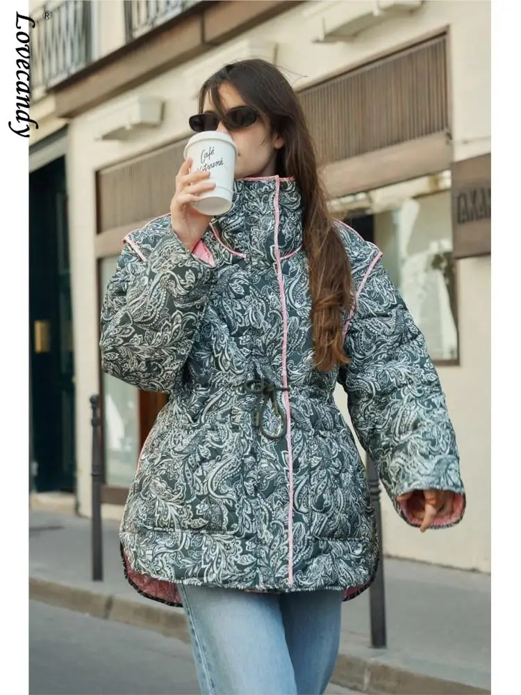 

Patchwork Printed Turtleneck Cotton Coat For Women Warm Oversized Thick Long Sleeve Coats 2023 Winter Female High Street Jacket