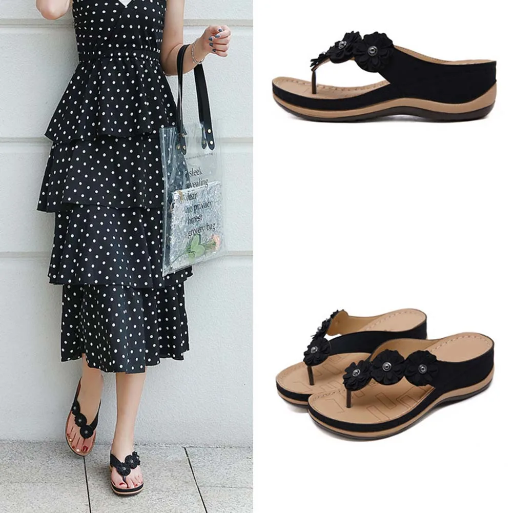 Women's Flower Thick Sole Slippers Non-slip Wear-resistance Beach Sandals For Camping