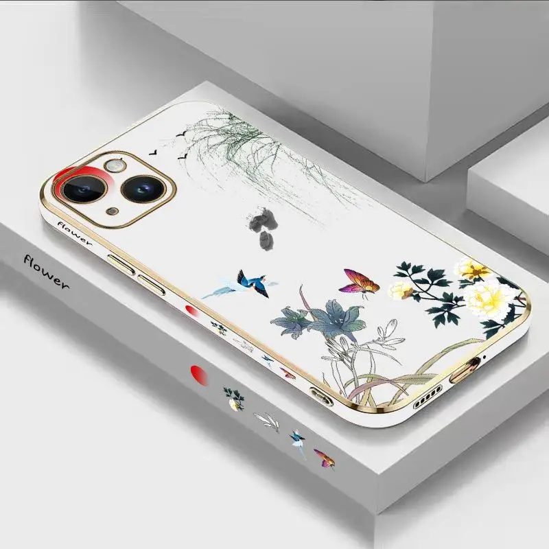 Willow Branches Luxury Plating Phone Case For iPhone 14 13 12 11 Plus Pro Max Mini X XR XS SE2020 8 7 6 6S Plus Cover